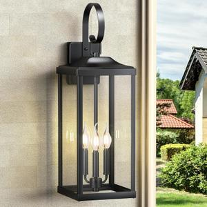 24" Extra Large Outdoor Wall Light for House, Black 3-Light Waterproof Exterior Porch Lamp Wall Mount, Modern Outside Wall Sconce Coach Light with Clear Glass, E12, 1-Pack (Black (No sensor))