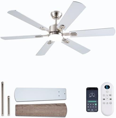 FUMLTP 56inch Ceiling Fans with Lights and Remote/App Control, Dimmable LED, Reversible DC Motor, Noiseless, 6 Double-Side blades, 6 Speeds Low Profile Ceiling Fan for Indoor/Outdoor Use（ Nickel）