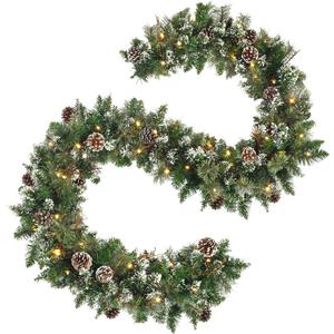 9 FT Prelit Christmas Garland with Pine Cones, Artificial Snowy Pine Garland for Christmas 50 LED Battery Operated Warm Lights and Timer Xmas Garlands Decor Indoor Outdoor