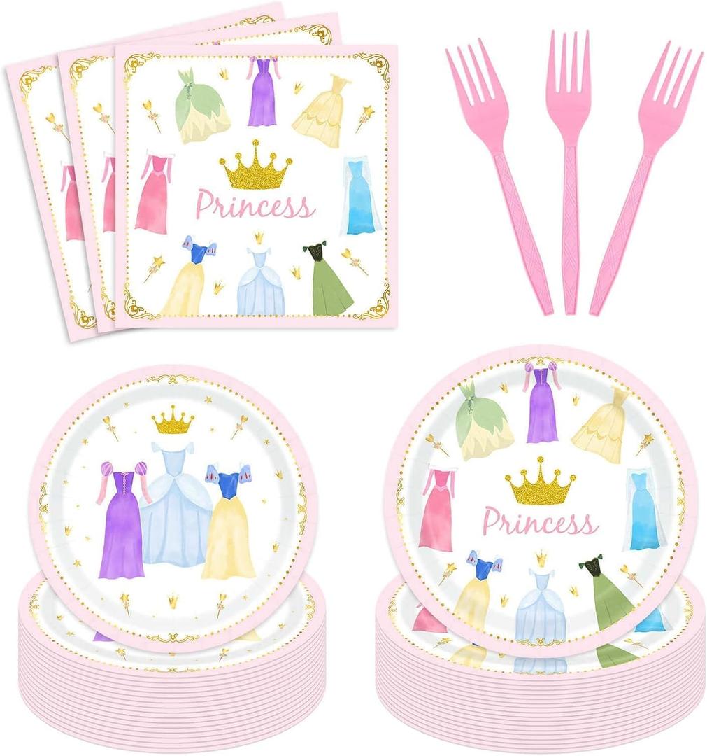 Princess 96Pcs Birthday Party Paper Plates and Napkins for Girls - 24 Dinner Plates, 24 Dessert Plates, 24 Napkins, 24 Plastic Forks - Pink, Cartoon Pattern - Girl Birthday Party Decoration