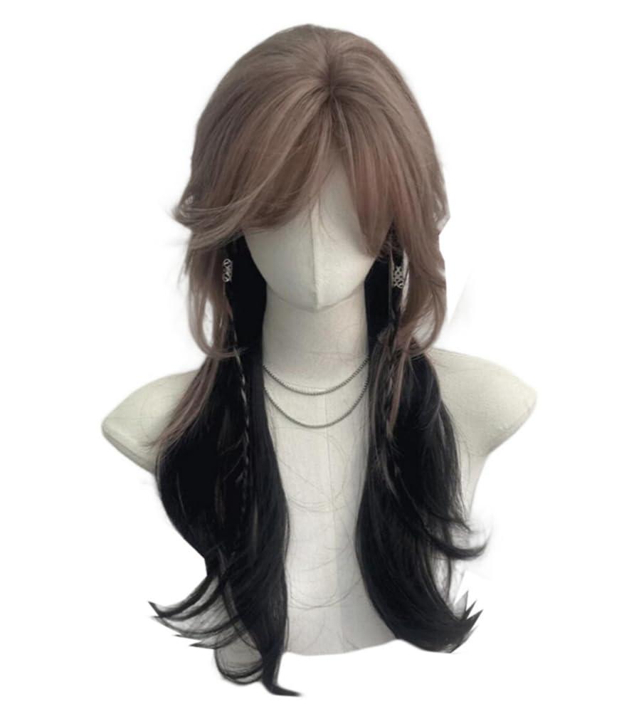 Black Brown Jellyfish Head Wig Long Curly Wolf Cut Wigs for Women Natural Looking Heat Resistant Synthetic Wigs for Daily Use