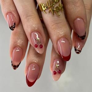 Mivota Medium Press On Nails Almond 3D Cherry Design with Gold Branch, Red French Tips & Leopard Pattern, 24PCS Acrylic Fake Nails with Glue & Tools, Glossy Reusable Stick On Nails for Women