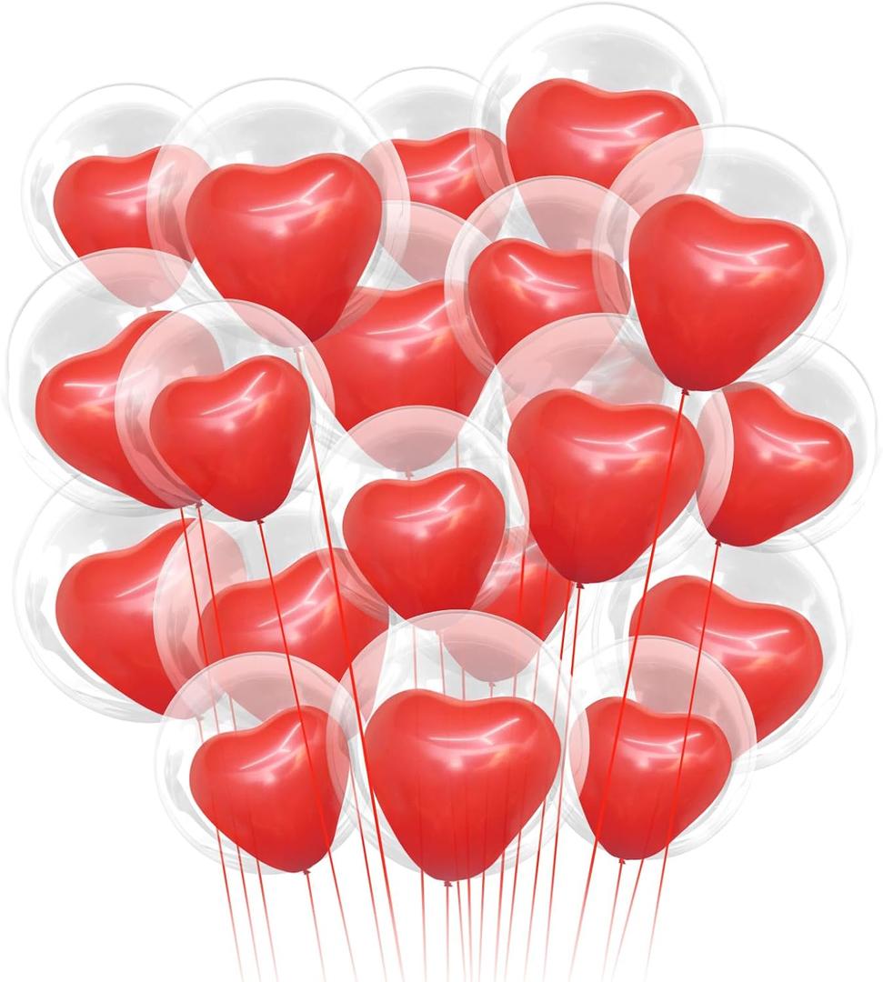 20 pcs Valentine's Day Clear Round Balloons with Red Heart Balloons 2 Sizes Bobo Balloons Transparentes Clear Balloon Stuffing for Valentine's Day Anniversary Party Room Decor(15inch 20inch)