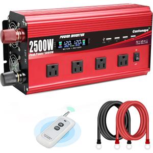 2500W Power Inverter 12V to 110V/120V DC to AC with LCD Display, Remote Controller 4 x AC Outlets and 4 x 3.1A USB Car Adapter for Car Truck Boat RV Solar System (Red)