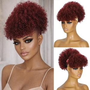 Afro Puff Drawstring Ponytail with Bangs,Short Burgundy Kinky Curly Synthetic Red Pony Tails Hair Extensions Drawstring Ponytail for Black Women Hair Bun Fluffy Updo for Daily and Party Use(BUG)