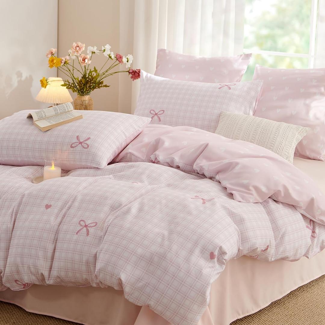 Pink Twin Comforter Set - Pink Bow Quilt Bedding Set 2 Pieces, Heart Comforter Set Twin Size, Soft & Lightweight Comforter(68 x 90) for Girl All Season & 1 Pillowcase(30x20) (07-pink Gingham)