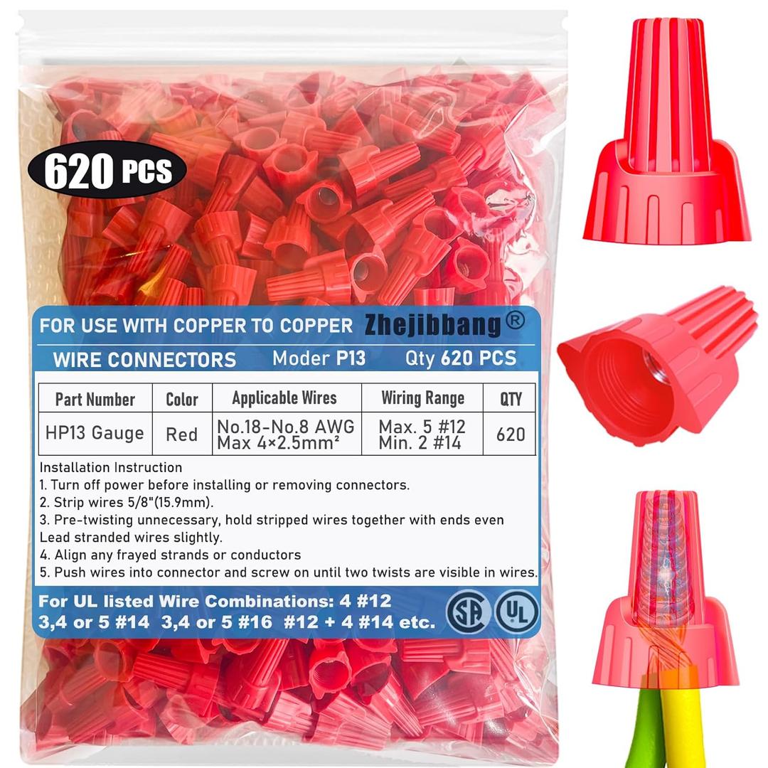 620 PCS Winged Red Wire Nuts 13 Gauge for 18-8 AWG, HSP13 Easy Twist-On and Easy Screw On Wire Connectors Ribbed Cap for Quick Connect Electrical Wiring,Heavy Duty Screw Terminals with Metal Spring