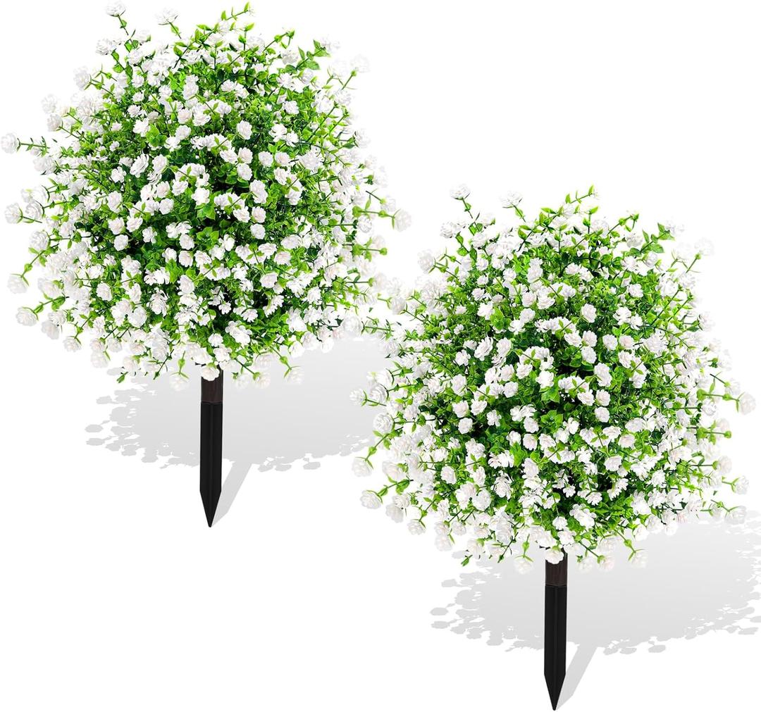 ENVEN Artificial Boxwood Topiary Ball Trees with Ground Spikes UV Resistant Faux Greenery Shrubs Fake Shrubs for Outdoors, Realistic Faux Plants Bushes for Garden Porch Yard Patio Decor (White Green)