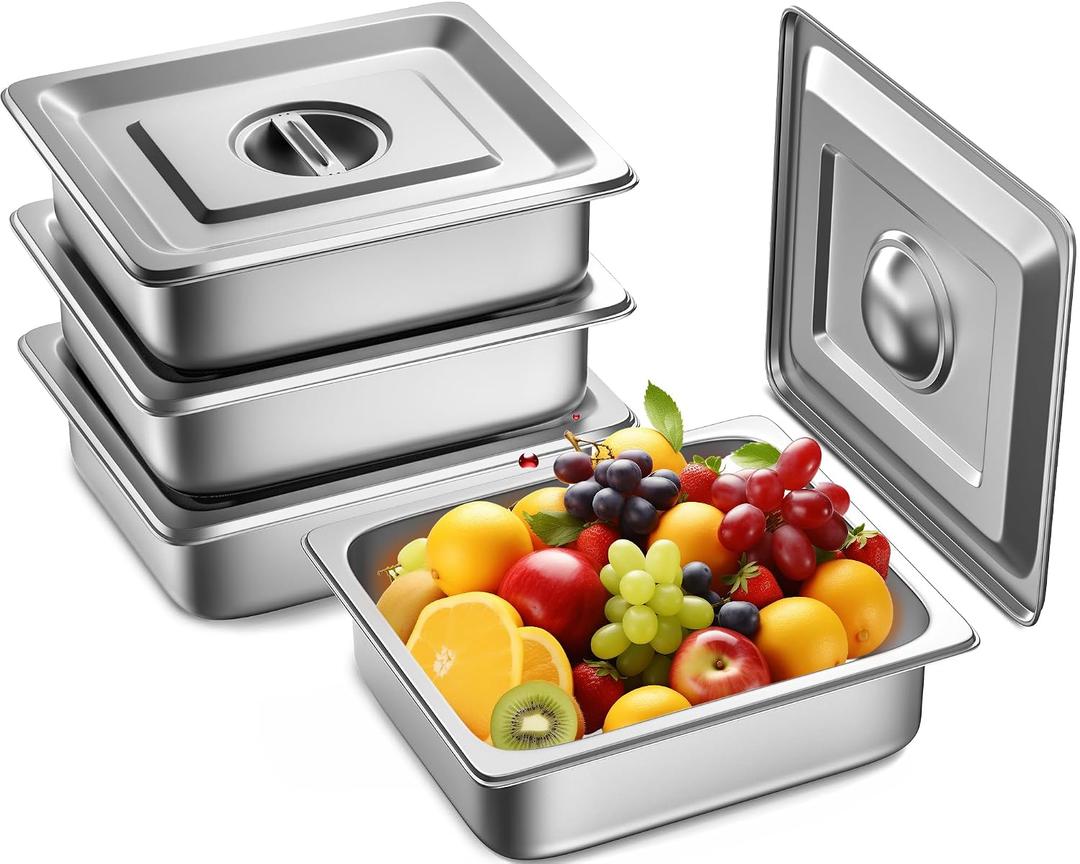 ZeroPone 4 Pack Hotel Pans with Lids, 1/2 Size 4" Deep Steam Table Pans, Stainless Steel Food Pans 22 Gauge Anti Jam 12.8" L x 10.4" W Commercial Food Storage Containers