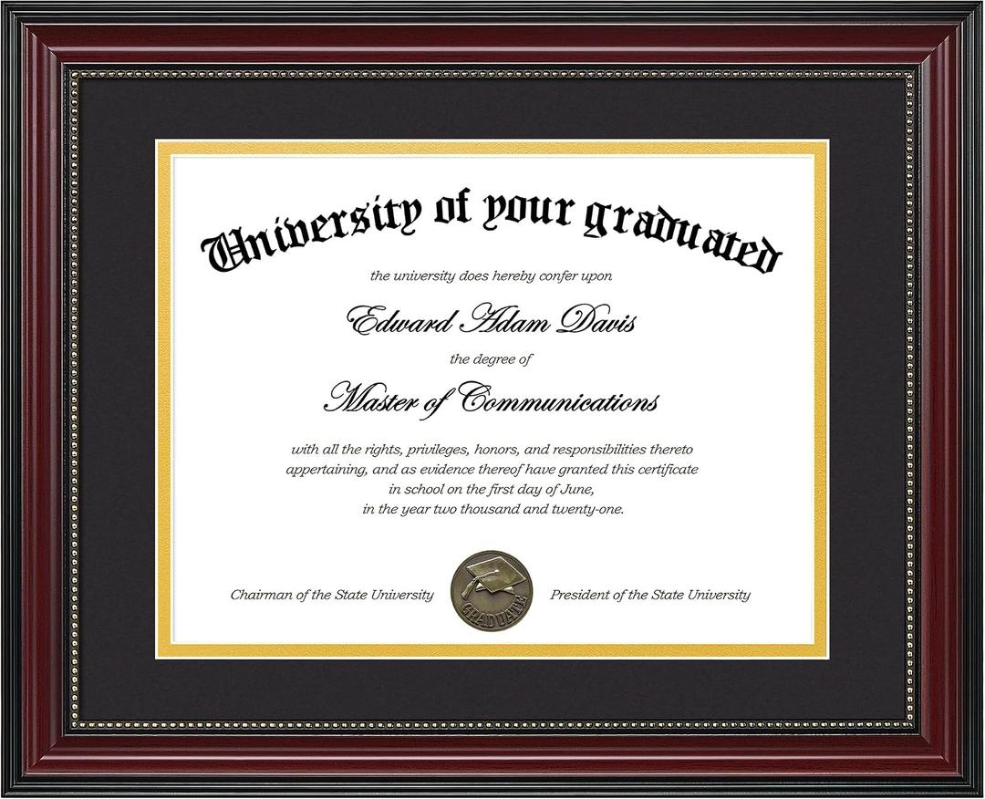 upsimples Diploma Frame 8.5 x 11 with Mat or 11x14 without Mat, Certificate Degree Document Frame, Classic Wood Grain with Gold Beading, Includes Black & Gold Mats, Graduation Gifts, 1 Pack