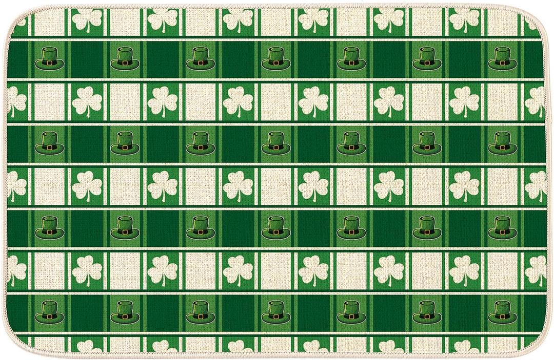 Larponder St Patricks Day Door Mat Shamrock Plaid Pattern Non Slip Washable Low Profile Spring Doormat for Indoor Outdoor Entrance Floor Kitchen,Laundry Room 15"x23"