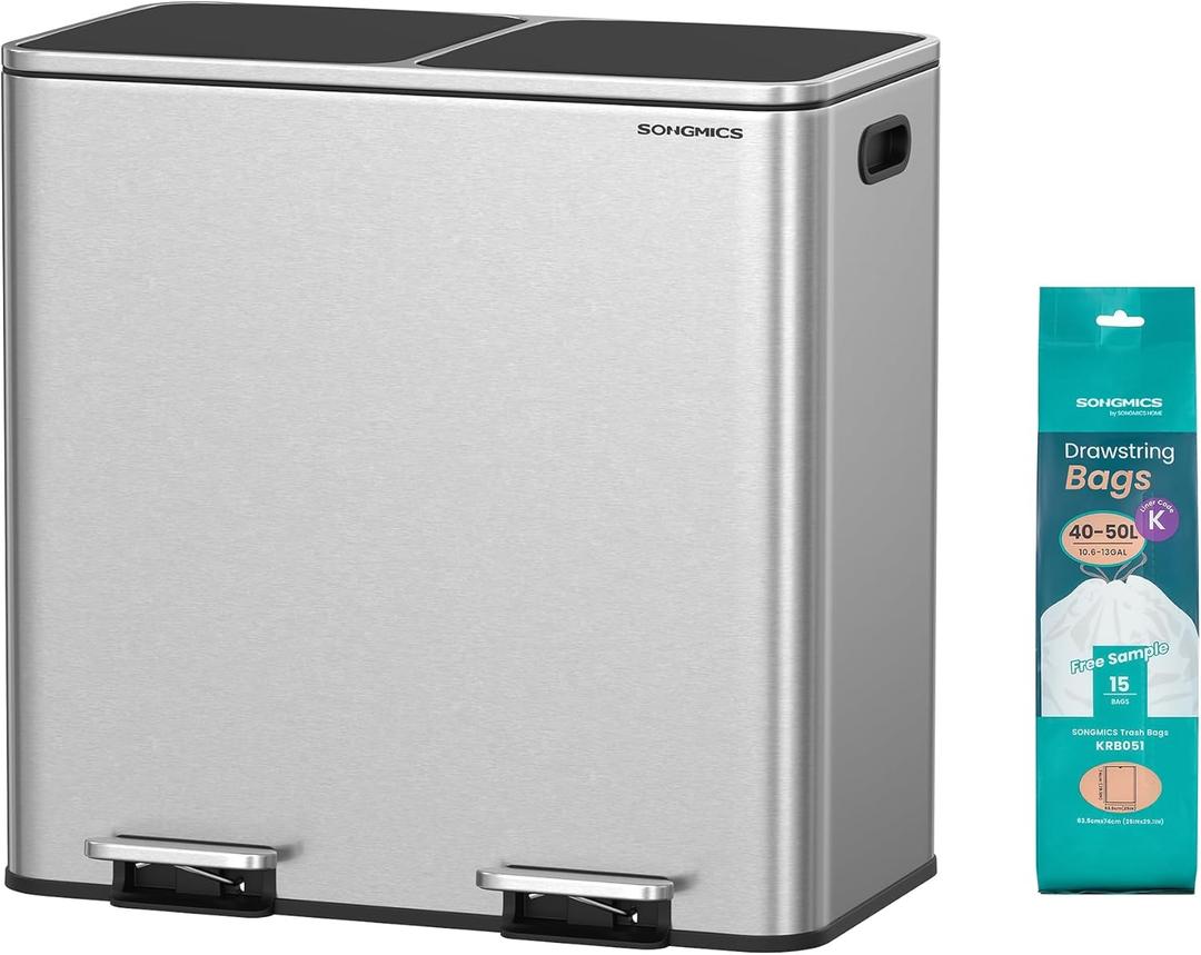 SONGMICS Trash Can, 2 x 10.6 Gallon (2 x 40 L) Garbage Can for Kitchen, with 15 Trash Bags, 2 Compartments, Plastic Inner Buckets and Hinged Lids, Airtight, Silver and Black ULTB730E80