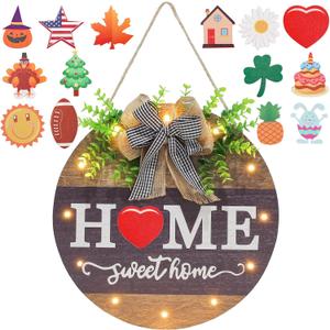 Interchangeable Welcome Sign for Front Door with 14 Changeable Icons, Farmhouse Front Porch Decor Rustic Wooden Wall Sign with 12 LED Lights, Outdoor Seasonal Welcome Home Decorations (Wood home1)