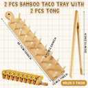 Kigley Wood Taco Holder Set of 4 Bamboo Mini Taco Tray with Tong Stand with Handle Wooden Rack, Each Holds 8 Soft or Hard Shell for Charcuterie Food Kitchen Gifts Accessories Home