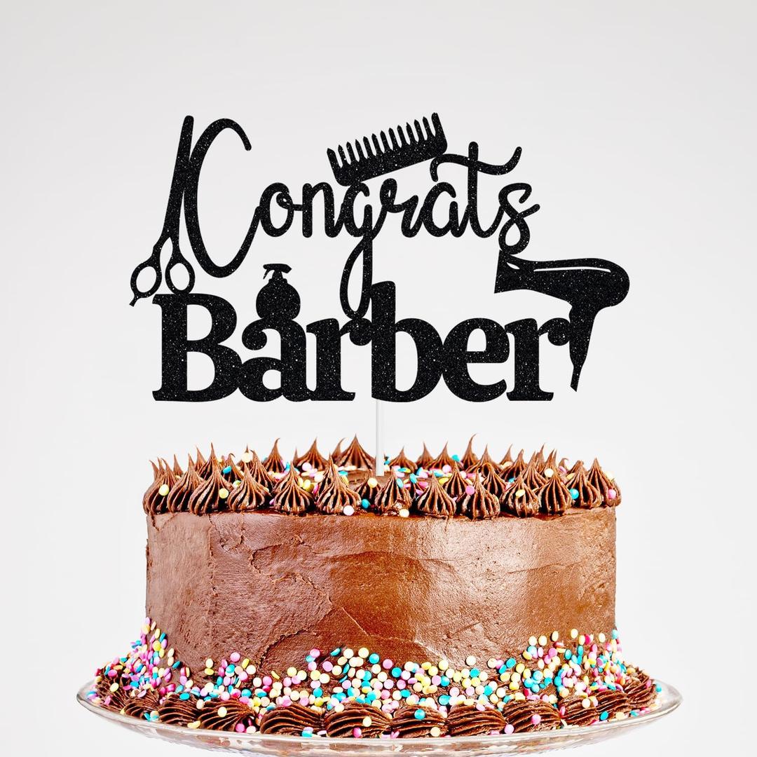 Glitter Congrats Barber Cake Topper, 2026 Hairdresser Cake Topper | Barber School Graduate Congrats Grad Party Decorations Black