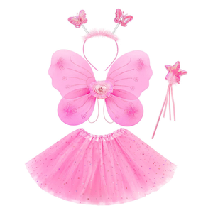 Butterfly Fairy Costume for Girls Kids Princess Cosplay Costume Set with Wings, Tutu Skirt, Wand for Girls 3-8 Years Pink