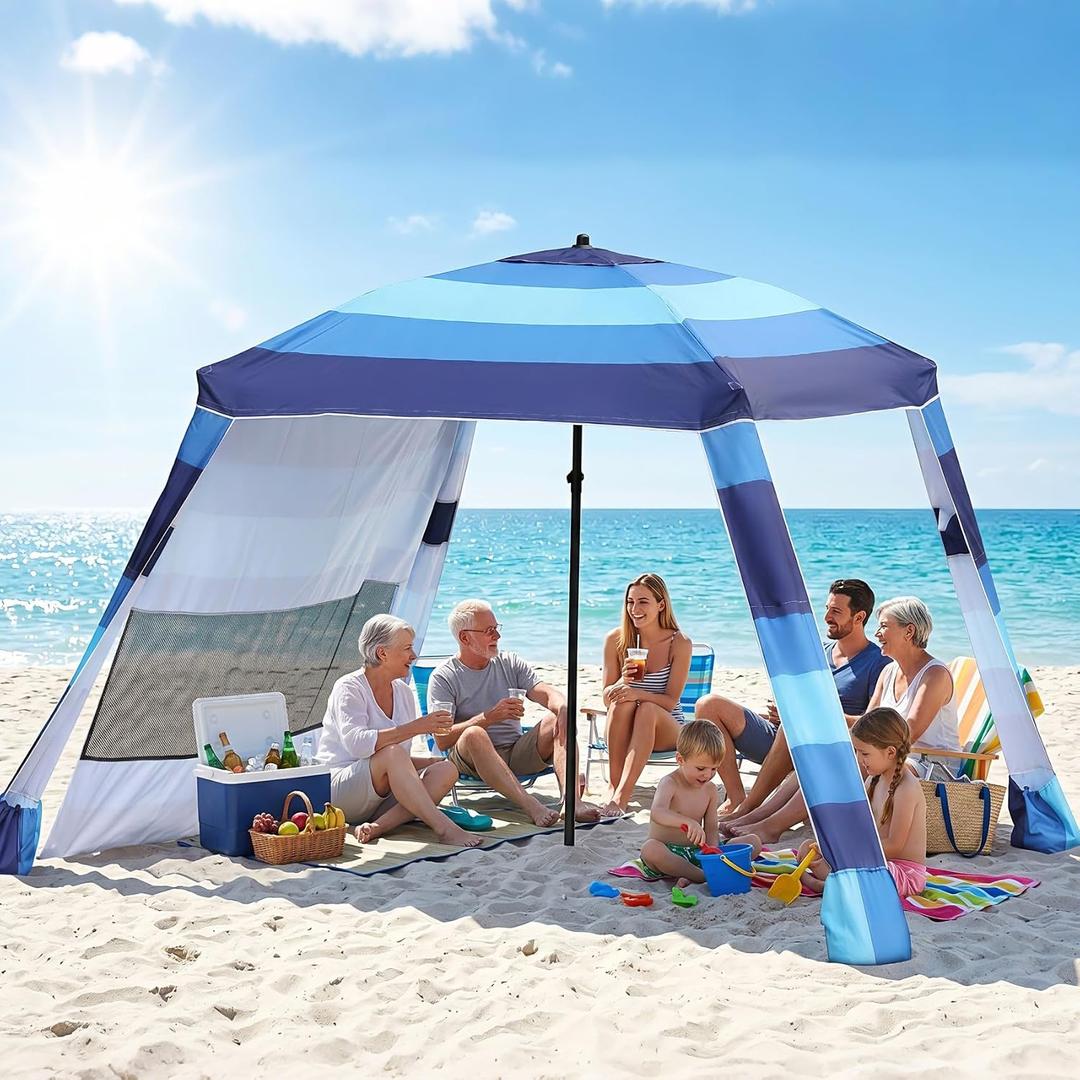 Beach Cabana,3 Side Curtains,7.2 * 7.2 FT for 5-6 People,Blue | Beach Canopy with Sand Bags,Easy Beach Shade, Beach Tents for Family, Adjustable Height