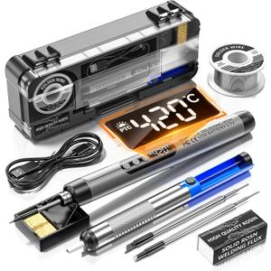 Cordless USB digital display rechargeable portable soldering iron, carrying temperature adjustment button, soldering lron wire, soldering iron holder, tin absorber, rosin, storage box