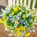 Pansies Artificial Flowers for Outdoors 12 Bundles Fake Silk Pansy Faux Plastic Plants UV Resistant for Home Outside Garden Planter Front Door Porch Yard Patio Decor (Blueyellowwhite)
