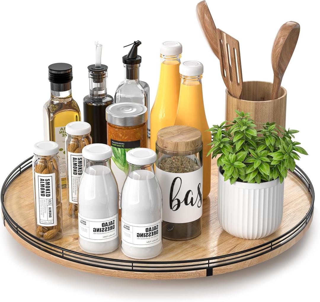 18" Lazy Susan Oak Wood Turntable Organizer for Cabinet, Farmhouse Round Wooden Large Lazy Susan Organization and Storage for Dining Table, Pantry, Kitchen, Countertop, Cupboard, Home Decor (Brown & Black)