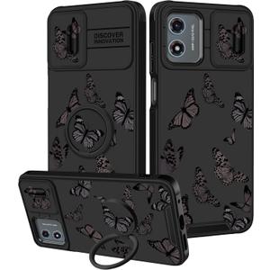 Funermei for Moto G Play 4G 2024 Case - Women Girls Cute Phone Cover Girly Pretty Aesthetic Black Butterfly Unique Design with Camera Cover and Ring Stand Funda for Motorola G Play 4G 2024