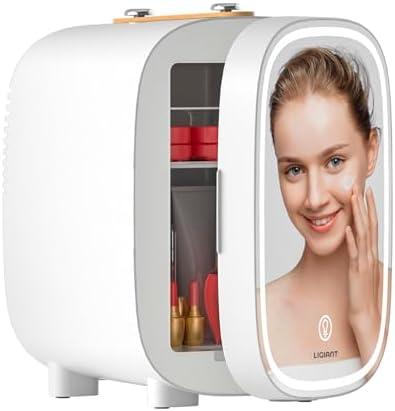LIGIANT DF01A Skincare Fridge, With 3-Level Dimmable LED Light Mirror, Low Noise 4L Makeup Fridge for Skincare, Cooler & Warmer, Portable Design for Multiple Uses - Bedroom, Office, and Car
