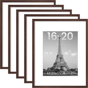 upsimples 16x20 Picture Frame Set of 5, Display Pictures 11x14 with Mat or 16 x 20 Without, Wall Gallery Poster Frames, Brown