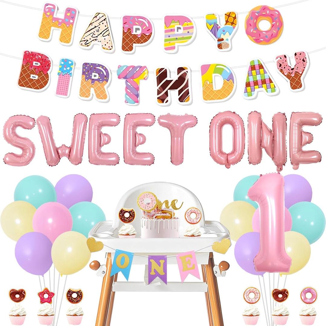 Donut 1st Birthday Decorations, Donut Theme Happy Birthday Banner Colorful One High Chair Banner Cake Toppers with Sweet One Foil Balloons Kit for Girls First Birthday Party Supplies