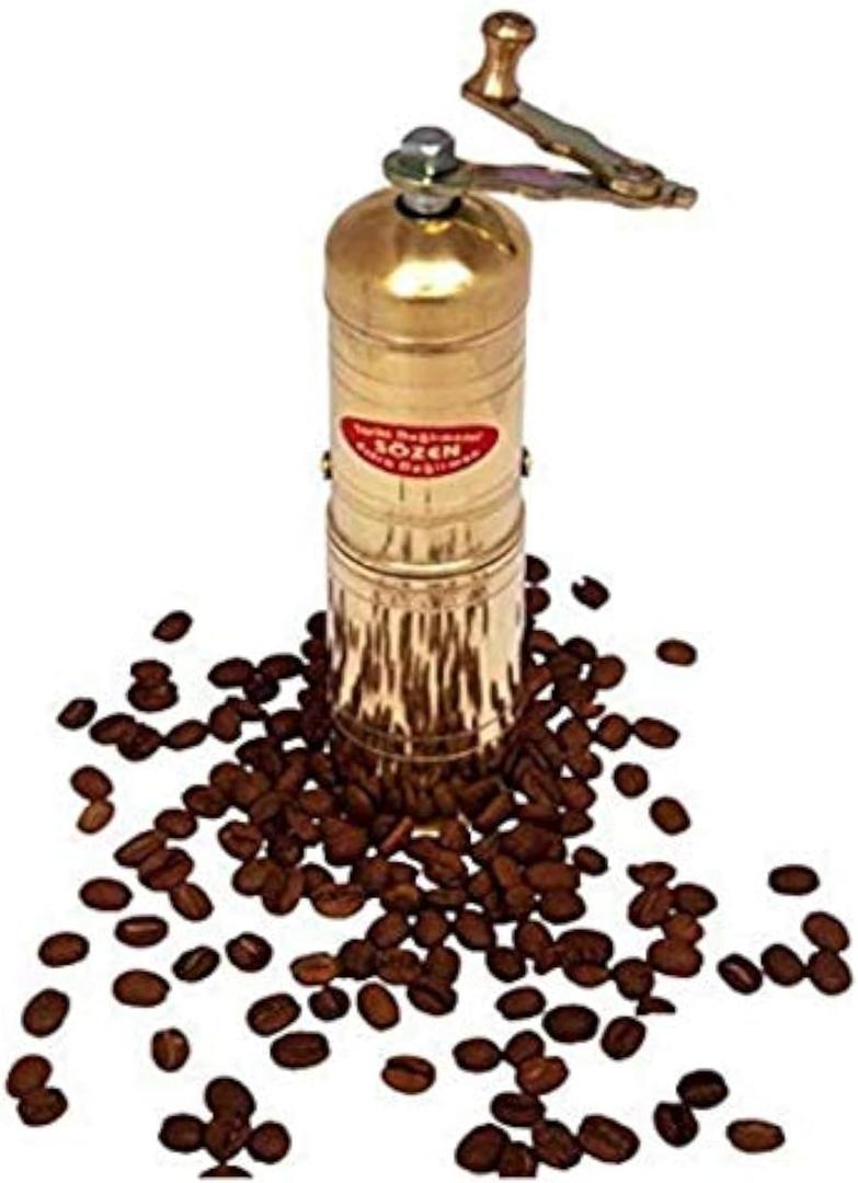 Sozen 7" Manual Coffee Grinder Brass  Hand Crank Burr Mill for Turkish Coffee, French Press, Espresso, Camping & Home Use  Portable Coffee Bean Grinder, Adjustable Conical Grinder