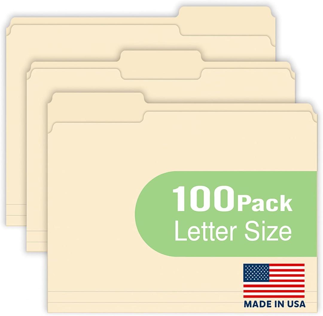 Woodlake Manila File Folders  Letter Size (8.5" x 11"), 1/3-Cut Oversized Tabs, 100 Pack, Heavyweight 120LB/220GSM Durable Paper Folders for Home, Office, School  Made in USA