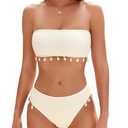ZAFUL Women Strapless Bandeau Bikini Shell 2 Piece Swimwear Cheeky Solid Lace up Pom Bathing Suits(0-Beige,Size 6)