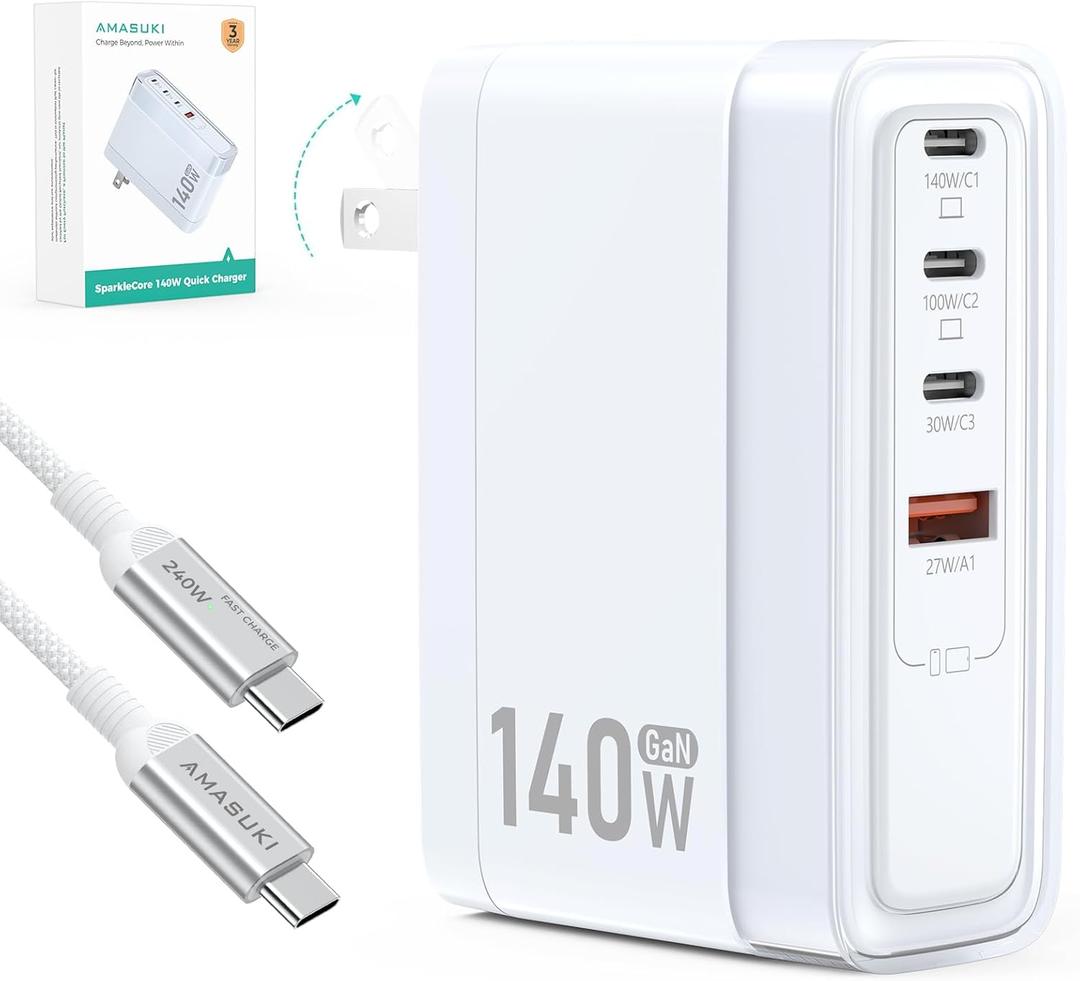 SparkleCore 140W USB C Charger,4-Port 100W Fast Charging Block PD3.1 GaN Cruise Essentials 2026 Travel for Apple MacBook,Laptop,iPhone 17/16 Series,iPad Pro,Samsung,Anker Laptop Power Bank,6.6ft Cable