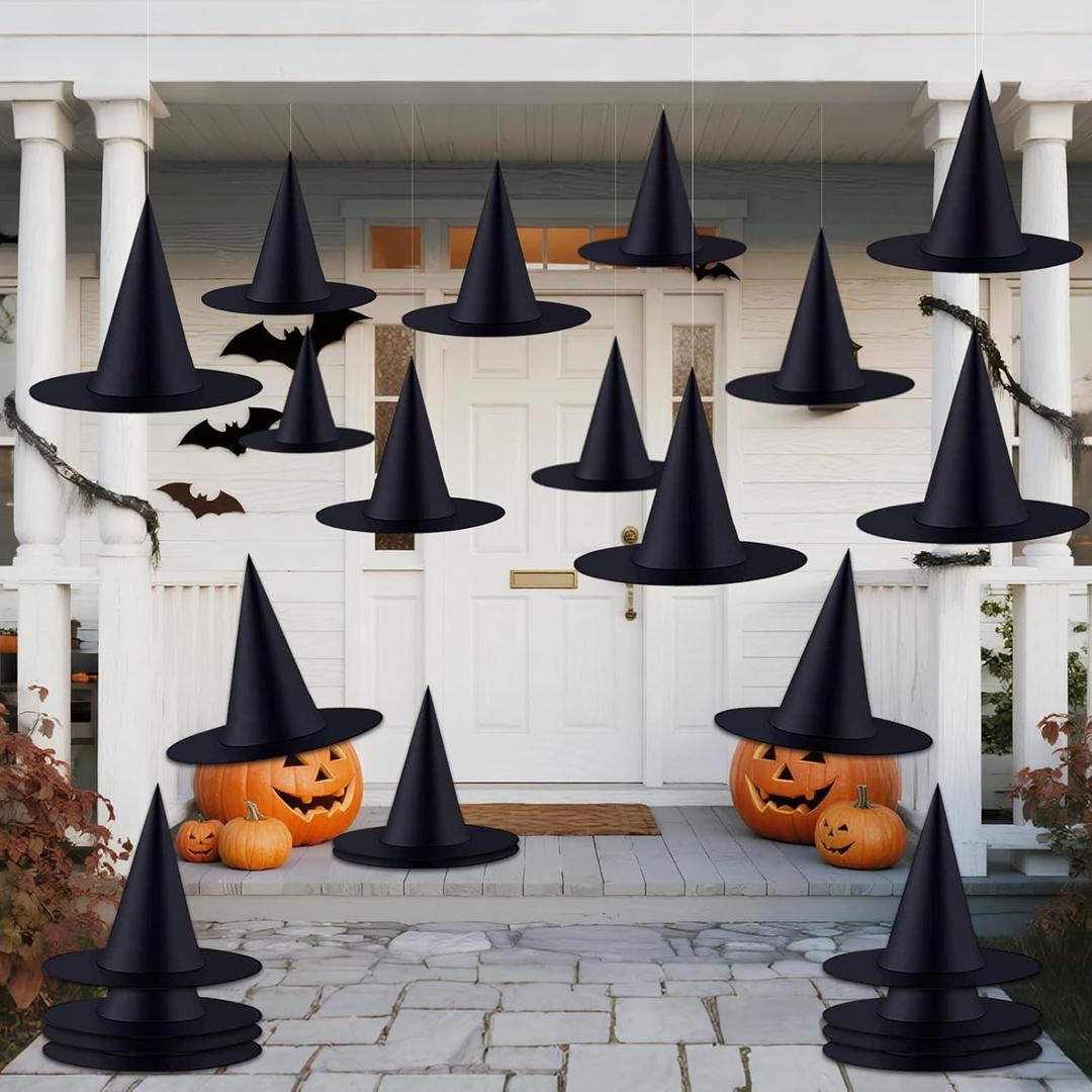 ZeeDix 24 Pcs Halloween Witch Hats Hanging Decor Indoor, Black Floating Witches Hat with 98 Ft Hanging Rope, Wizard Costume Accessories Outdoor Halloween Decorations for Home Yard Porch Ceiling