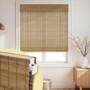 No Drill No Tools Bamboo Roman Shades, Cordless Light Filtering Window Blinds with Valance, Natural Woven Wood Shades for Living Room Dining Room, Camel（Sheer-View）, 34" W x 48" H