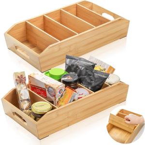 Pumtus 2 Pack Bamboo Pantry Organizers, Storage Bin with Removable Dividers, Divided Snack Oragnizer with Handle, Stackable Cabinet Basket, Drawer Caddy for Kitchen Office Packets Sauce Pouches