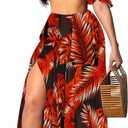 Sexy Two Piece Sets for Women Vacation Elegant Sleeveless Top Long Split Maxi Dress Beach Swimwear (Small, Orange/Leaf)