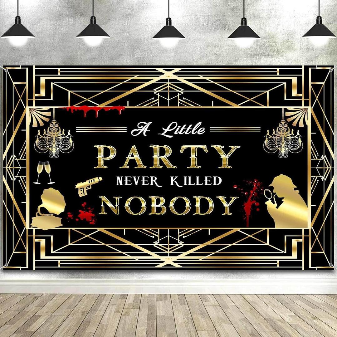 7X5ft Murder Mystery Party Photo Backdrop Photography Background, Black and Gold Crime Scene Detective Backdrops Photo Booth Prop Decorations Banner Balloons Wall Decor Tablecloth