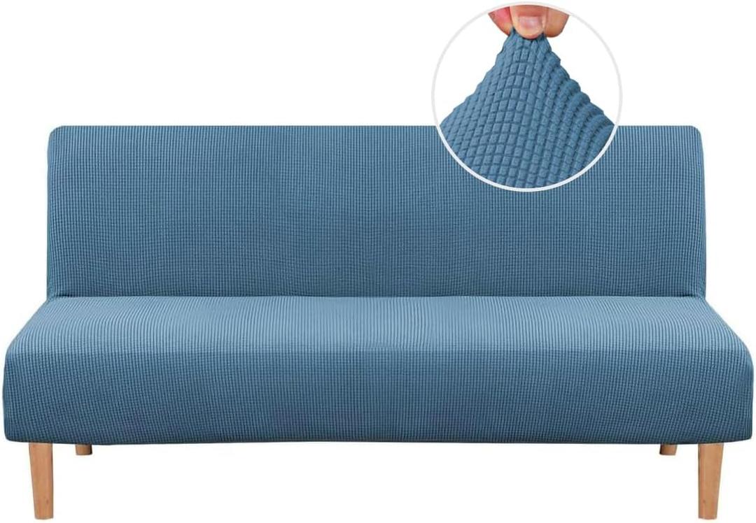 H.VERSAILTEX Armless Futon Cover Stretch Sofa Bed Slipcover Protector Elastic Feature Rich Textured High Spandex Small Checks Jacquard Fabric Futon Cover, Machine Washable, Dusty Blue