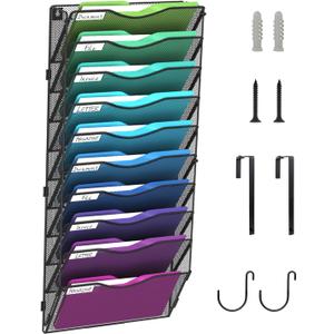 10 Pocket Mesh Hanging Wall File Organizer, Wall Mounted Mail Paper Document Folder Holder, Foldable File Folder Organizer with Label Panel | 2 Hooks | Office Home School Organizer, Black