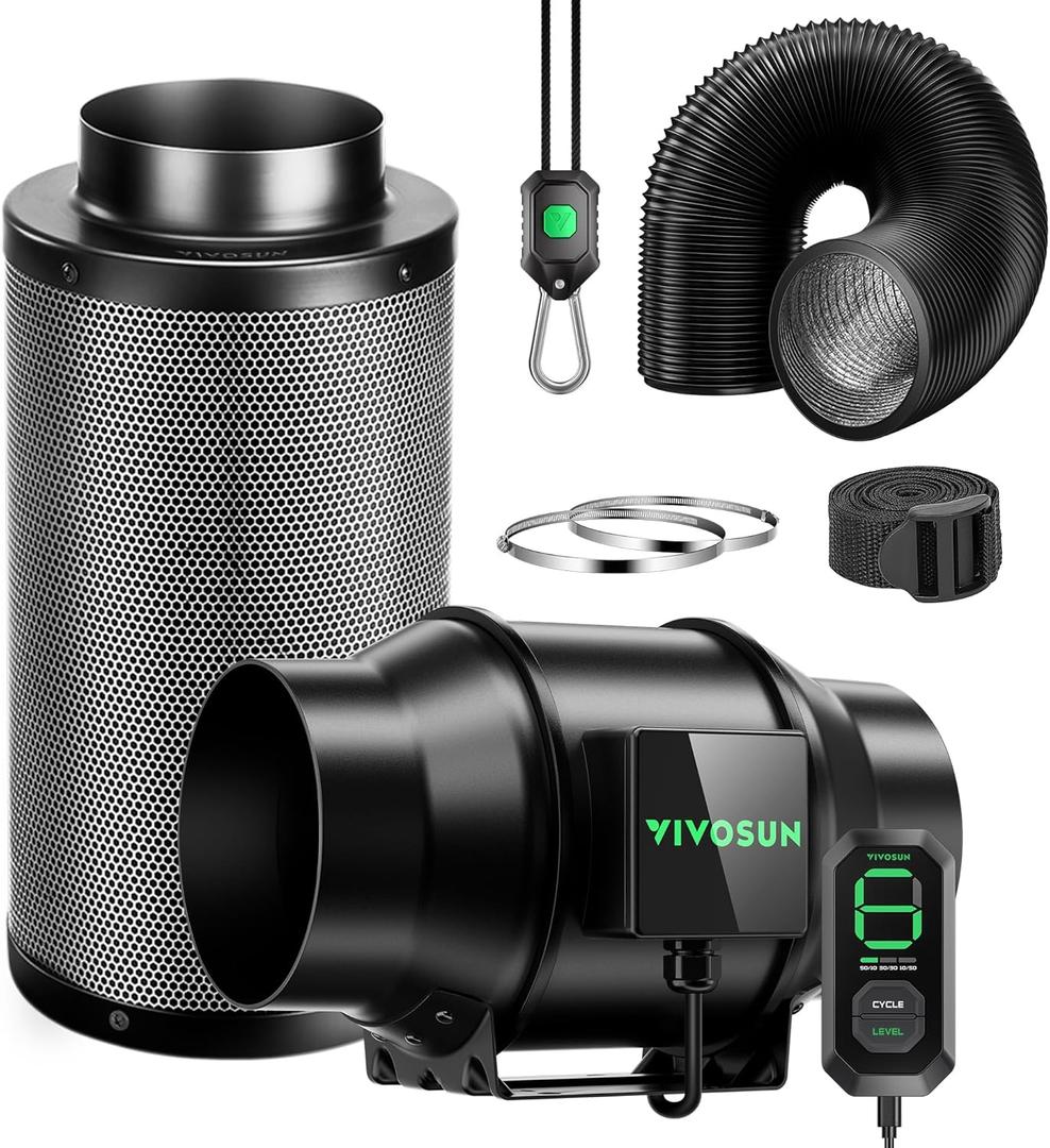 VIVOSUN Smart Air Filtration G6 Kit 6", AeroZesh G6 Inline Duct Fan with E12 Speed Controller, Carbon Filter & 8' Ducting, Cooling & Ventilation System for Grow Tents, Indoor Gardening, Hydroponics (Black+green Blades)