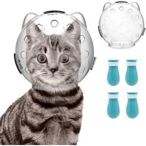 Cat Muzzle for Grooming, Breathable Cat Muzzle Helmet, Transparent Hood, Anti-bite Helmet with 4 Silicone Paw Shoes for Nail Trimming (Large)
