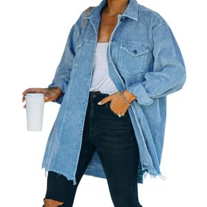 Hixiaohe Women's Casual Oversized Button Down Corduroy Shirt Jacket Coat Washed Retro Shacket (Large, Blue)