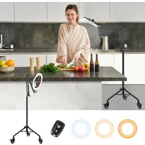 LUXSURE Ring Light Tripod for iPhone,Ring Light with Stand and Phone Holder,LED Overhead Camera Mount with Casters,Phone Tripod with Light and Remote for Video Recording/Live Stream/Cooking