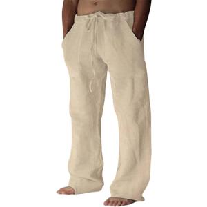 Puimentiua Cotton Linen Pants Men Casual Loose Fit Elastic Drawstring Waist Summer Beach Pants (Beige, XL)