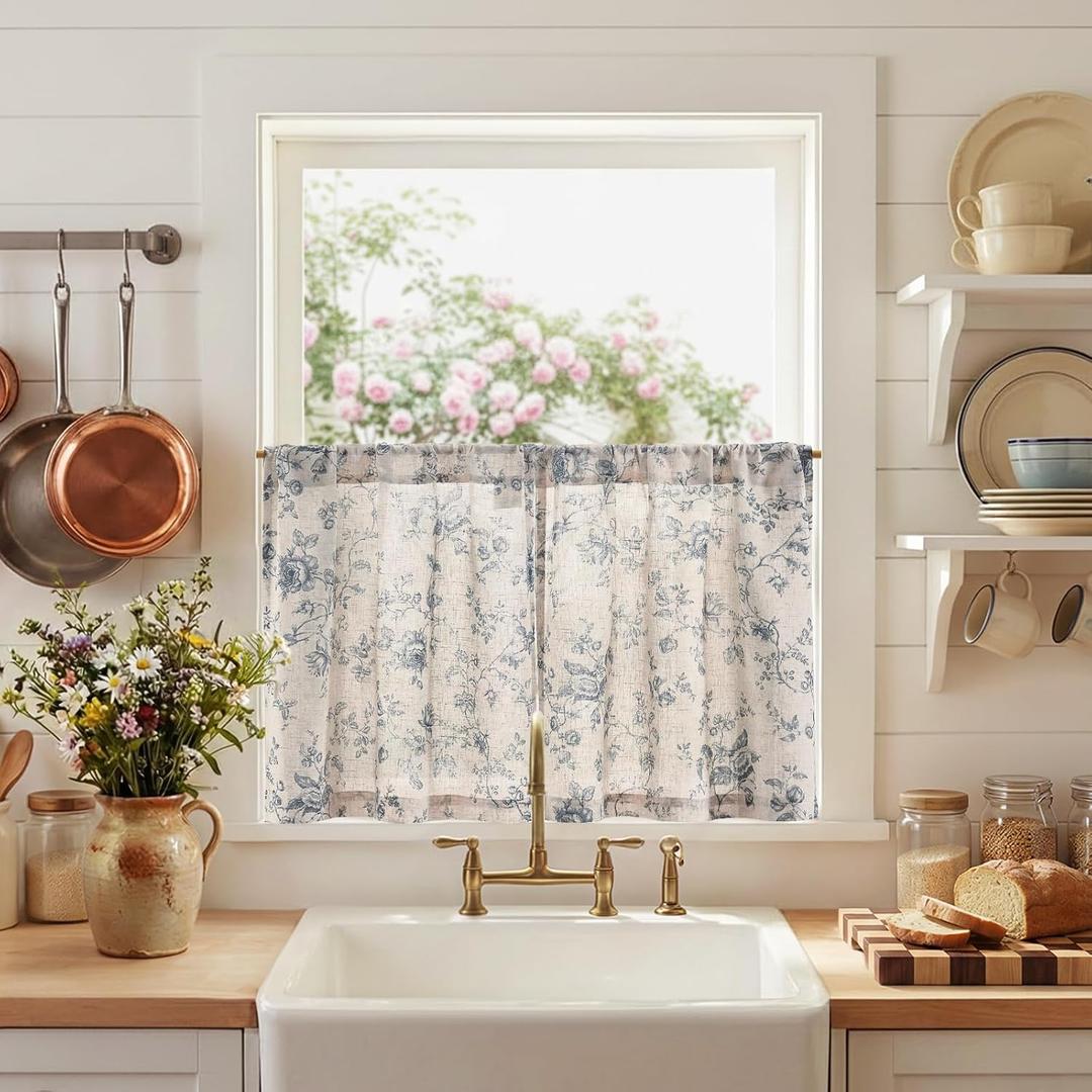 jinchan Amlie Floral Kitchen Curtains 24 Inch Length Linen Cafe Curtains Small Window Drapes Light Filtering Botanical Farmhouse for Bedroom Bathroom Rod Pocket 2 Panels Blue on Linen