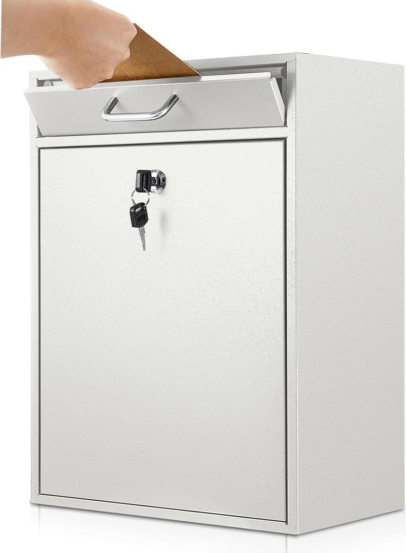Yaocom Locking Mailbox with Key for Outdoor 18 x 15 x 7 Inches Large Wall Mount Mail Box with Lock Security Mail Drop Metal Collection Boxes Hanging Secure Postbox(Creamy White)