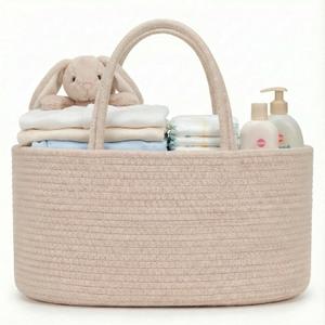 luxury little Diaper Caddy Organizer, Large Cotton Rope Nursery Baby Basket, Changing Table Organizer for Baby Diaper Storage, Portable Car Organizer Removable Divider (Oatmeal, Large)