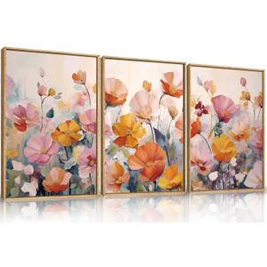 Nature Pink Floral Framed Canvas Wall Art Set, Boho Colorful Wildflowers Botanical Wall Decor, Modern Aesthetic Bohemian Flowers Art Print for Living Room, Bedroom-24 x36 x3