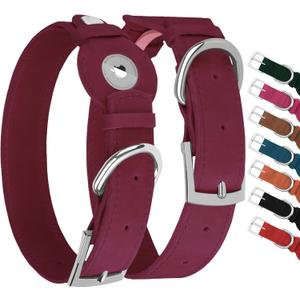 Leather Dog Collar with Airtag Holder - Apple Air Tag Dog Collars - Soft Tracking GPS Pet Collar for Dogs Breed Puppy (Burgundy, L, 15"-19" Neck Fit)
