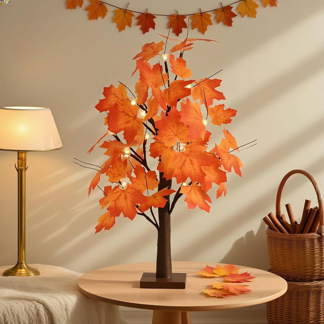 Fall Tree with Lights - 24 LED Lights, Falls Decor 24 Inch Battery or USB Powered Autumn Maple Tree Decor - 48 Maple Leaves for Indoor and Outdoor Fall Decoration Party Gifts